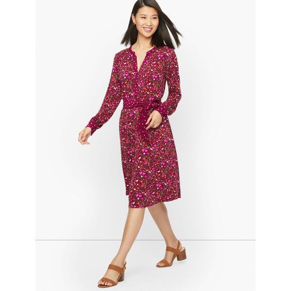 Talbots Petite Fruits Flowers Tie Waist Fit Flare Dress Burgundy Womens Size 1XP - Picture 1 of 10